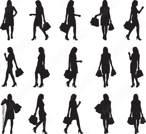 Collection of Female Silhouettes Shopping with Bags in Various Poses woman on transparent background
