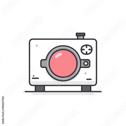 A clean white autoclave icon with a large pink circular window and control knob