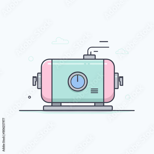 A pastel horizontal autoclave illustration with a central pressure dial and side handles
