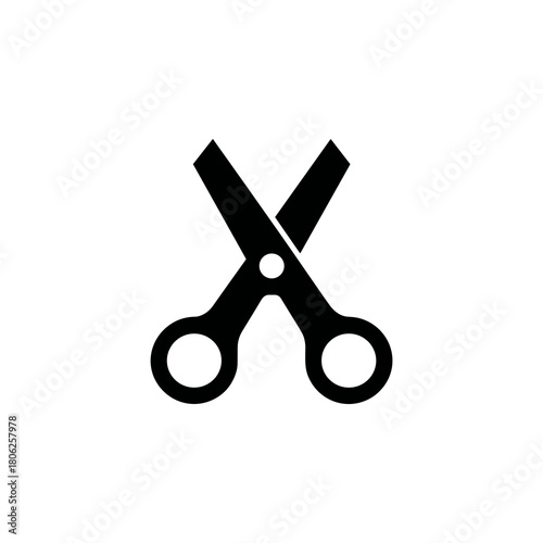 A simple black silhouette of bandage scissors with short blunt blades and round handles