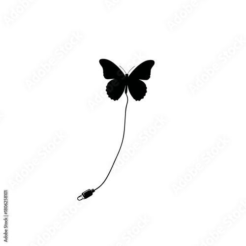 Black butterfly-style catheter icon with a long flexible tubing and butterfly wings on a white background