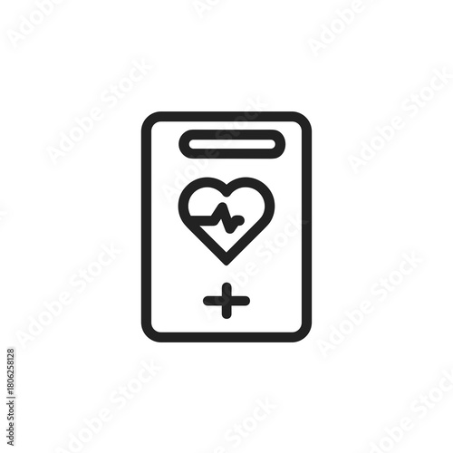 Aed device icon with heart and pulse symbol in simple black and white style