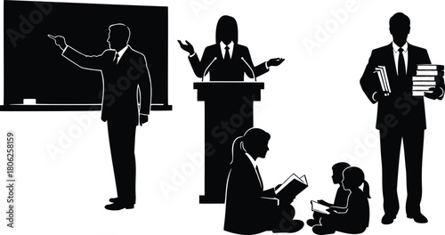 Teachers Educating Children and Speaking Silhouette Vector Set