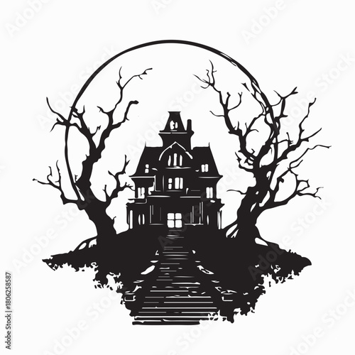 Scary Haunted Mansion Logo Silhouette Vector on white background