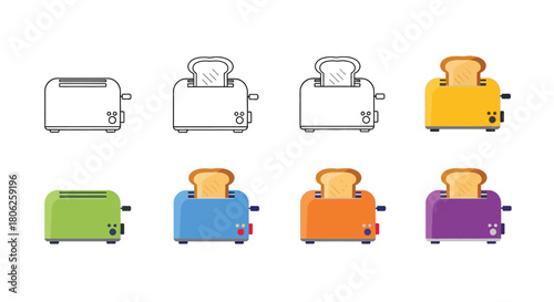 A colorful progression of toasters with toast from outline to full color