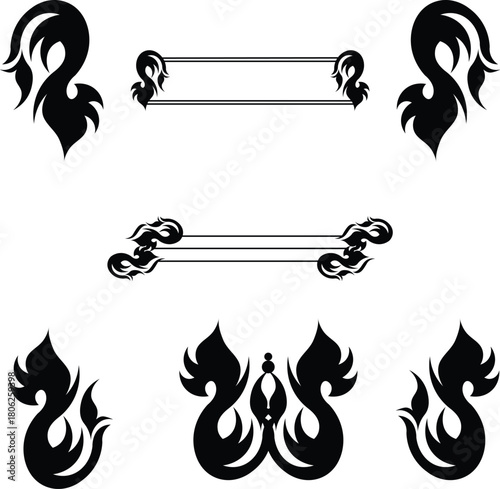 Thai flame motif, Thai decorative pattern, black flame ornament, Thai art design, traditional Thai motif, flame vector, Thai graphic element, ornamental flame, Thai culture design, abstract flame 