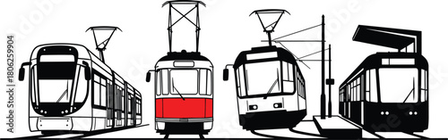 Modern and Vintage Trams Front View Urban Transport Vector Set
