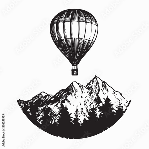 Hot Air Balloon Flying Over Mountain Hills Vector on white background