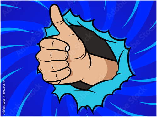A dynamic pop art illustration of a hand giving a thumbs-up gesture breaking through a blue background. Perfect for conveying approval, success, agreement, or a positive review in a retro comic style