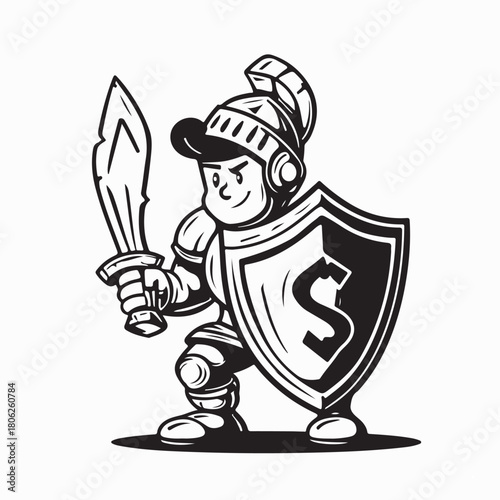 Warrior Character Holding Sword and Shield Vector on white background