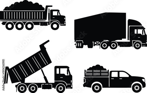 Dump Trucks and Cargo Pickup Silhouette Vector Set
