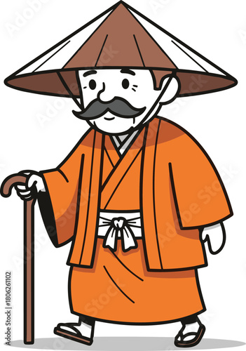Elderly Asian man cartoon character, traditional orange kimono, conical hat, walking stick, wise traveler vector illustration, isolated.