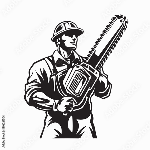 Chainsaw Worker Mascot Logo Vector Illustration on white background