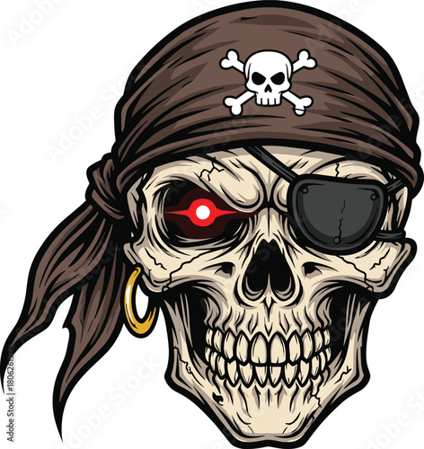 Scary pirate skull mascot, brown bandana, eye patch, glowing red eye, gold earring, vector illustration, halloween horror head design.