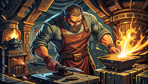 A hyper-detailed macro scene of a blacksmith’s weathered hands forging glowing hot metal, sparks flying as the hammer strikes, showcasing skill and intensity in a dim workshop