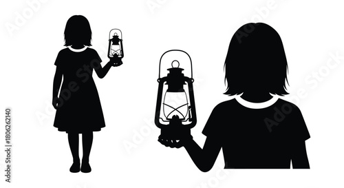 Silhouette of two figures holding antique lanterns in a stark design