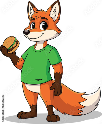 Cute cartoon fox mascot character wearing green t-shirt, holding delicious hamburger, isolated vector illustration, funny anthropomorphic animal eating fast food, branding design.