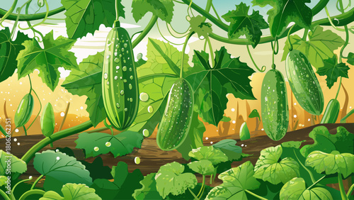 Highly detailed cucumber vines covered in fresh morning dew, showcasing crisp green leaves and developing cucumbers in a natural outdoor garden setting