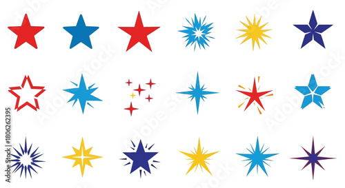An assortment of colorful star shapes and sparkling starburst designs