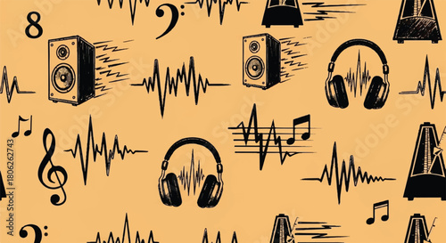 Monochrome Seamless Pattern of Music, Audio Equipment, and Soundwaves