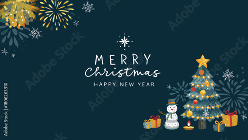 Festive christmas scene with tree snowman gifts and fireworks on a dark blue background celebration image
