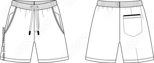 Mens casual shorts technical flat sketch, cad drawing vector illustration, fashion design template with drawstring waistband and pocket details for apparel