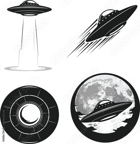 UFO Flying Saucer Icons with Beam and Moon Vector Set