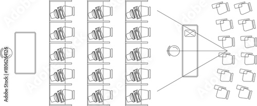 Vector line drawing of an auditorium or cinema plan view, showing screen, seating rows, and sightlines, for theater and lecture hall design.