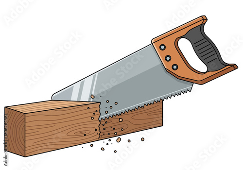 Hand Saw Cutting Wood Log Action Scene.