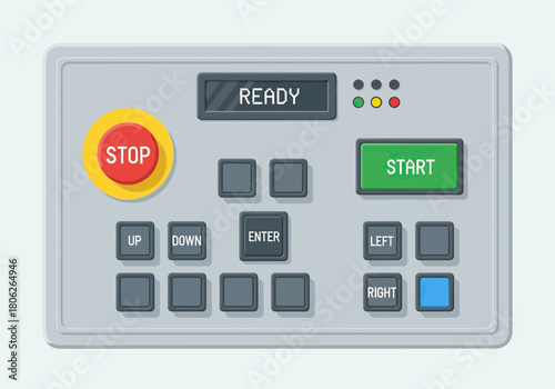 Industrial control panel with stop and start buttons.
