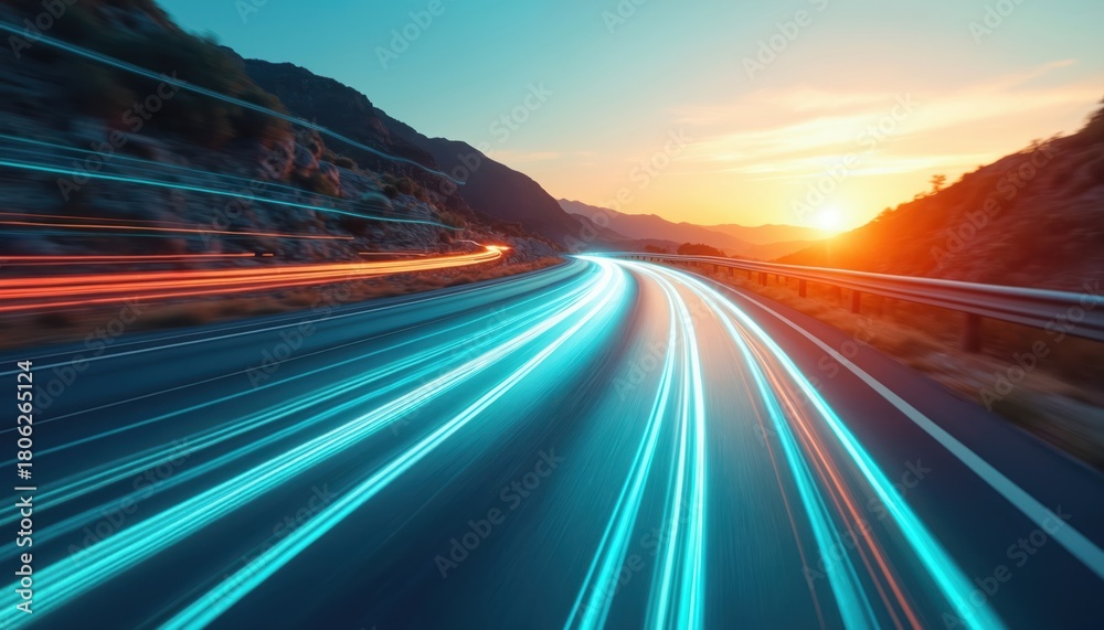 Obraz premium Road leads into sunset with light trails. Motion blur shot on highway with mount backdrop. Abstract pattern of light represents speed, progress, modern transportation at dusk in nature.