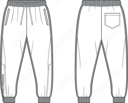 Technical flat sketch of men’s jogger pants with ribbed waistband, ankle cuffs, side pockets and back pocket, vector fashion CAD illustration