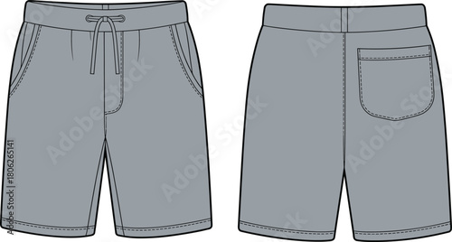 Technical flat sketch of men’s casual shorts with drawstring waist, front pockets, back patch pocket, vector fashion CAD illustration