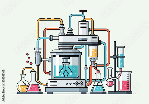 Intricate Laboratory Chemistry Apparatus with Glassware and Tubing.