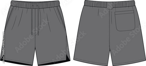 Men’s athletic shorts vector template, elastic waistband drawstring, side panel detail, back pocket design, front and back fashion cad illustration
