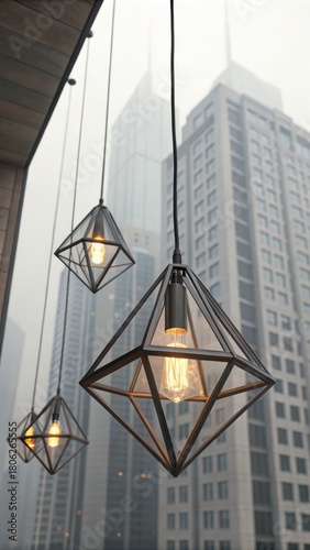 Geometric diamond pendant lights hanging against modern city buildings