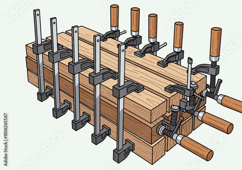 Multiple woodworking clamps secured to a wooden workbench.