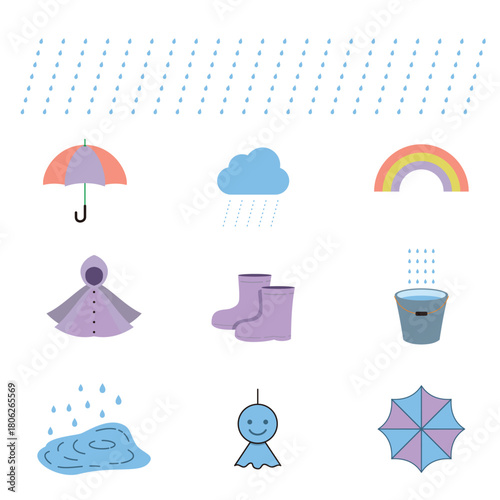 set of rainy icons with pastels colors