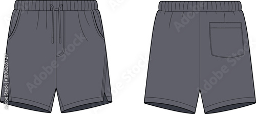 Men’s athletic shorts vector front and back view, elastic waistband drawstring design, technical fashion flat sketch apparel cad illustration template