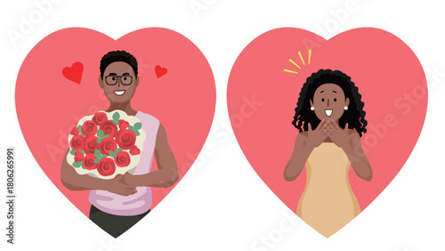 Flat Design Black Couple Love Hearts with Red Roses