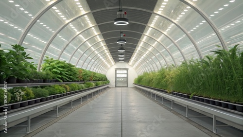 Indoor greenhouse tunnel with rows of lush green plants and artificial lighting