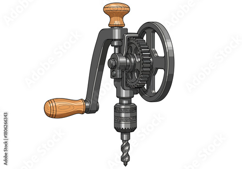 Vintage hand crank drill with wooden handle and gear.