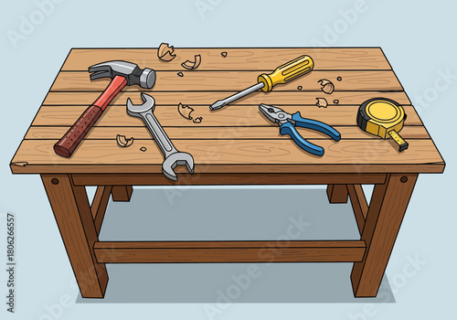 Wooden workbench with assorted hand tools scattered.