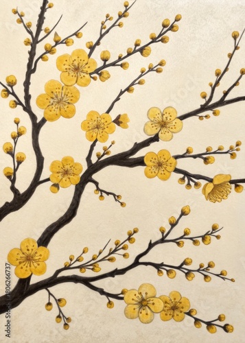 Delicate yellow cherry blossoms on dark branches