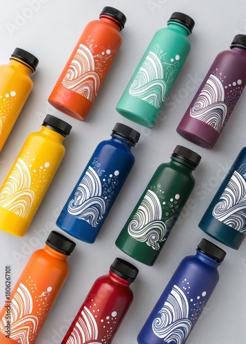 Colorful reusable water bottles with white designs