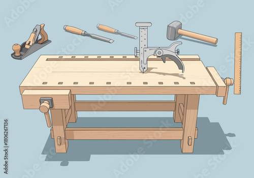 Woodworking bench with tools and plane.
