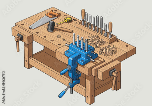 Woodworking bench with hand tools and clamps.