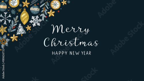 Merry christmas and happy new year text with festive decorations on a dark blue background design card
