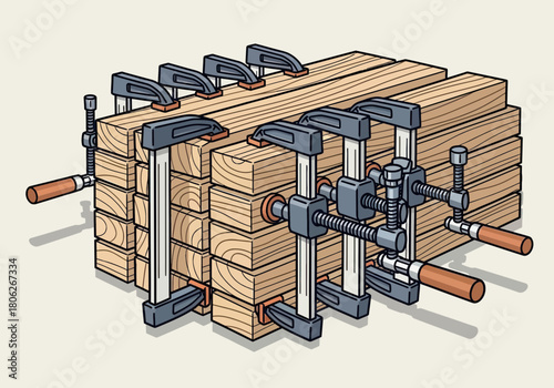 Woodworking clamps securing stacked lumber boards.