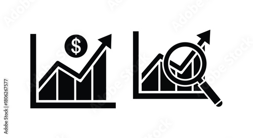 Financial growth and analysis icons depicting market trends and detailed review